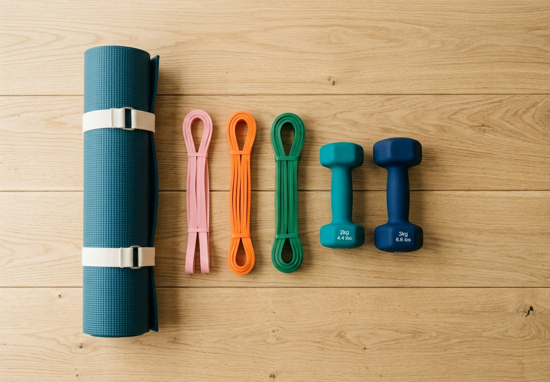 Domáce fitness vybavenie rozložené na podlahe — činky, podložka a odporové gumy