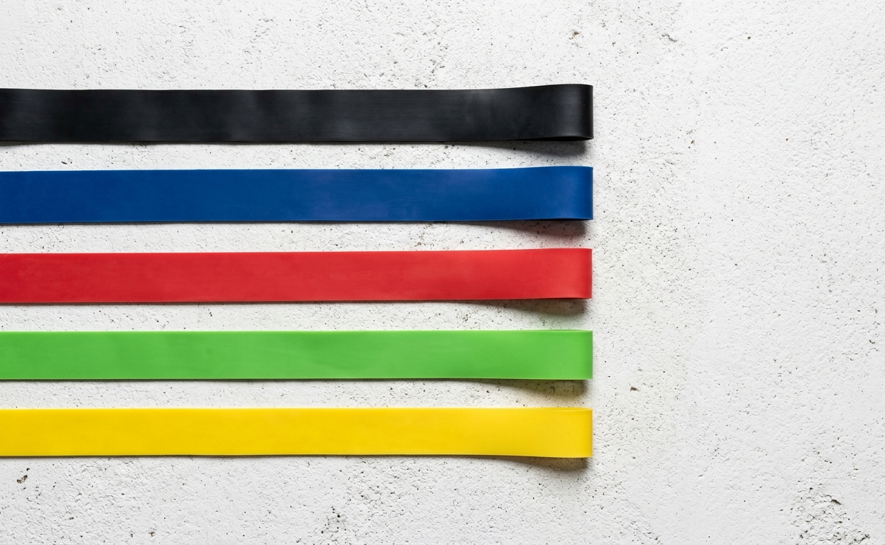 Farebné odporové gumy rôznych síl rozložené na cvičebnej podložke