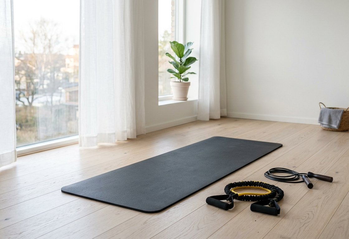 Minimalistický tréningový priestor — prázdna izba s jednou podložkou a prirodzeným svetlom